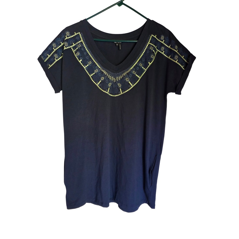 NIC+ZOE Womens PM Navy Blue Embroidered V-Neck Tunic Top Short Sleeve Pockets